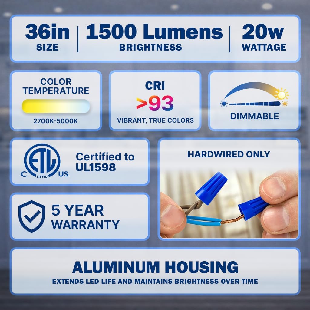 Heavy-Duty Steel Hardwired Under Cabinet Light, 36 in., 5 CCT Selectable (2700K-5000K), True Replacement for Built-in Fixtures, Wide Body Direct Wire Kitchen Light, 1500 Lumens, CRI>90