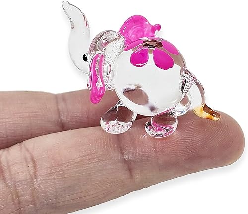 ChangThai Design Pequeña figura de elefante rosa transparente de 1 pulgadas para levantar el tronco Elefantes de cristal soplado a mano en