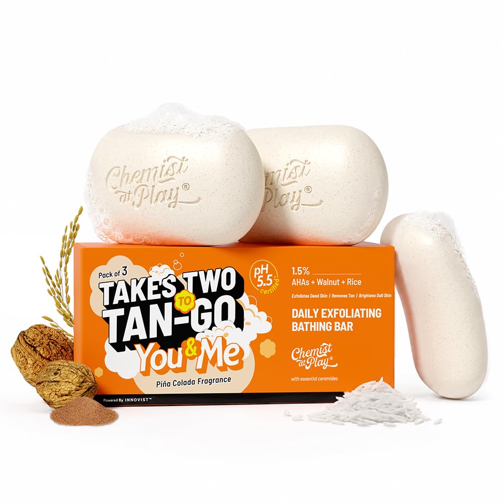 Chemist At Play’s Daily Exfoliating Bathing Bar | With 1.5% AHA + Walnut + Rice | Detans & Brightens Dull Skin | pH 5.5 Certified | With Piña Colada Fragrance | For All Skin Types | 100gm | Pack of 3-image-31