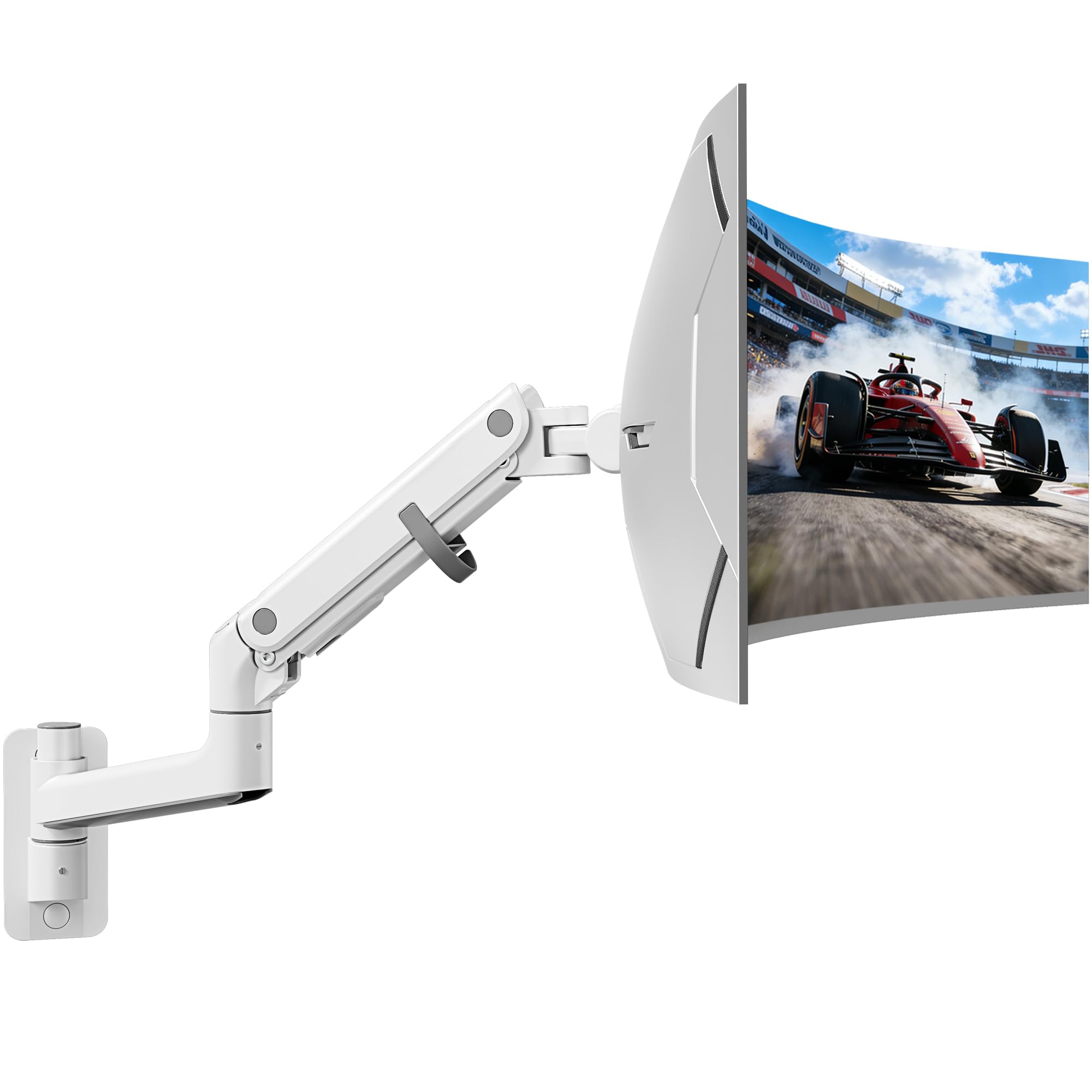 monTEK Supporto da parete per monitor da 17-57 pollici Ultrawide fino a 27 kg | Braccio per monitor con molla a gas, con piena mobilità e altezza regolabile, VESA 75 x 75/100 x 100, bianco