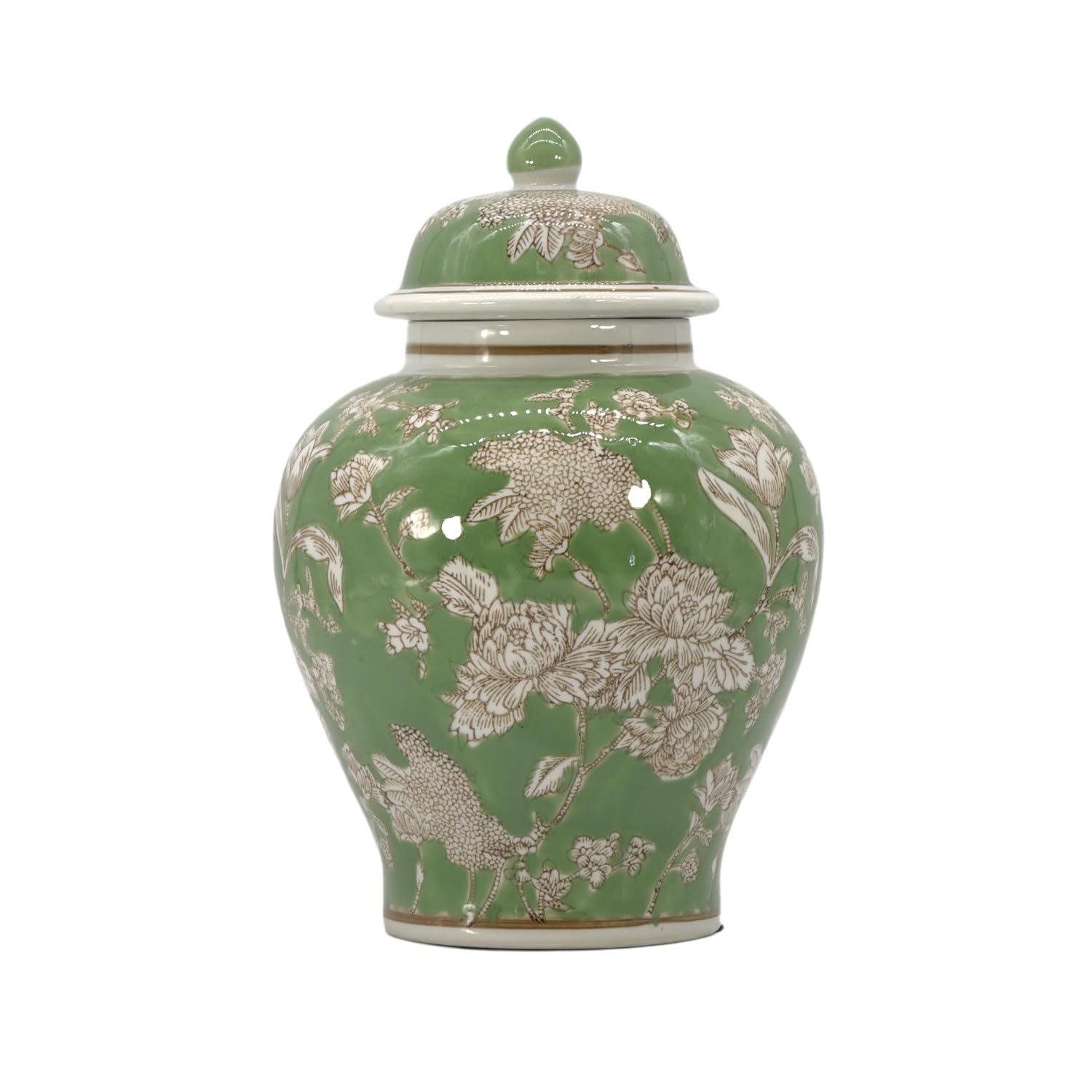 Galt International Classic Green & White Floral Chinoiserie Jar 12" w/Lid - Ginger Jar, Tea Storage, Decorative, Home Decor Vase