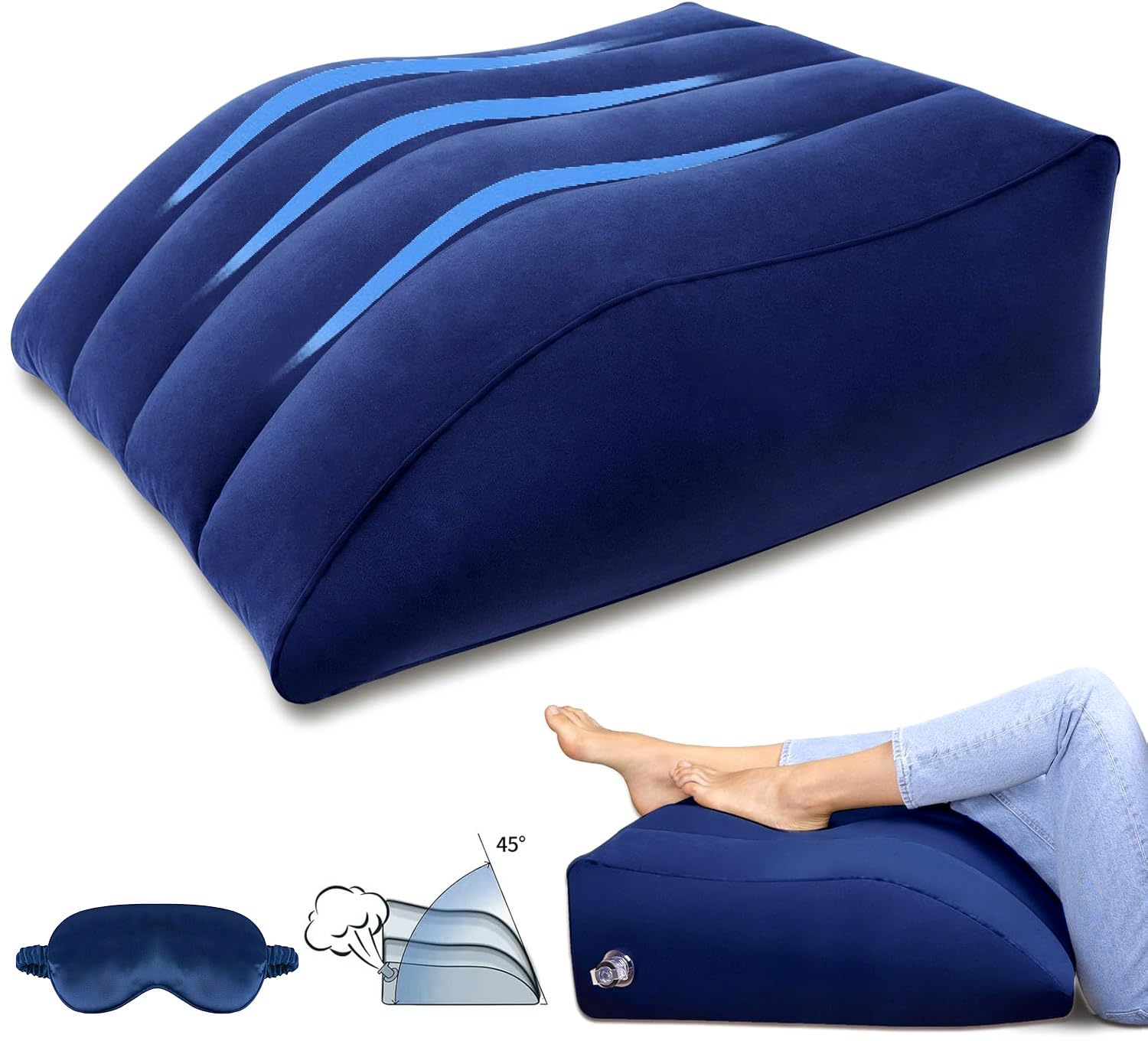 LuxoCare Cuscino Gonfiabile per Gambe - Cuscino a Cuneo con Mascherina per Dormire per Dormire Migliora il Sonno e Circolazione per Amanti dello Sport, Viaggiatorie e Stanchezza alle Gambe (Blu)