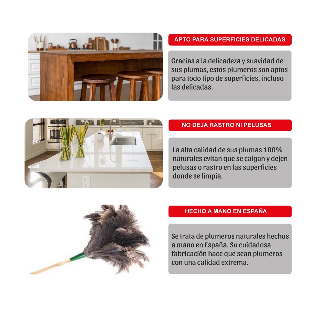 Plumero Avestruz 30 cm Fabricado en España - Plumero Atrapapolvo con Mango de Madera y 100% Plumas de Avestruz - Limpieza Muebles