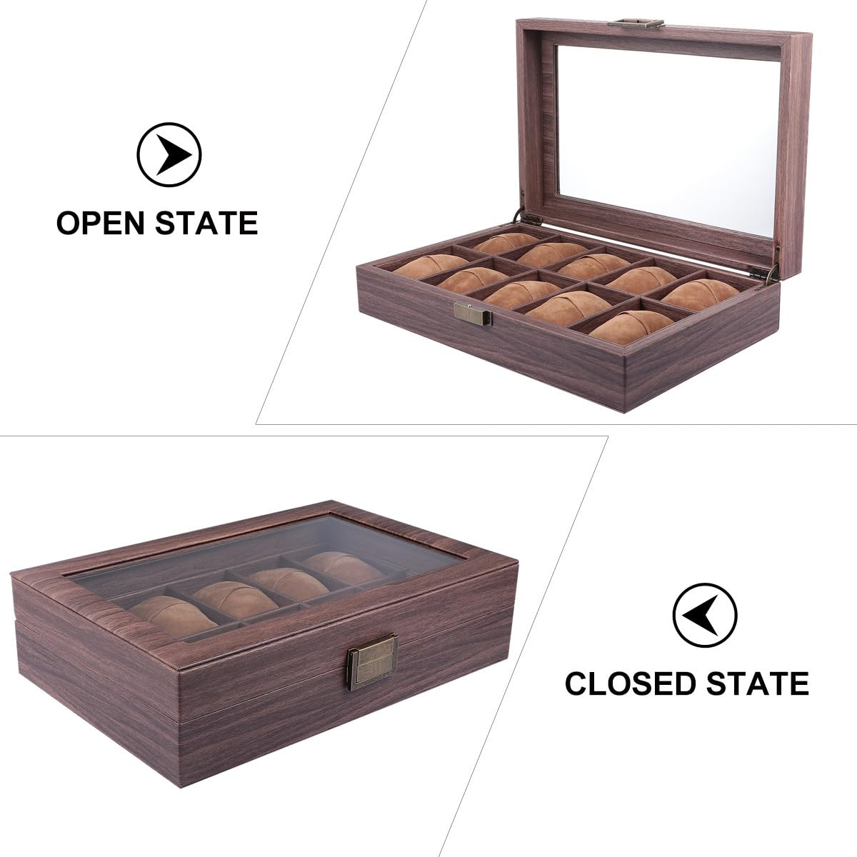 Scatola Porta Orologi 10 Scomparti in Pelle Pu Effetto Legno, Coperchio Trasparente per Facile Identificazione, per Uso Personale e Professionale