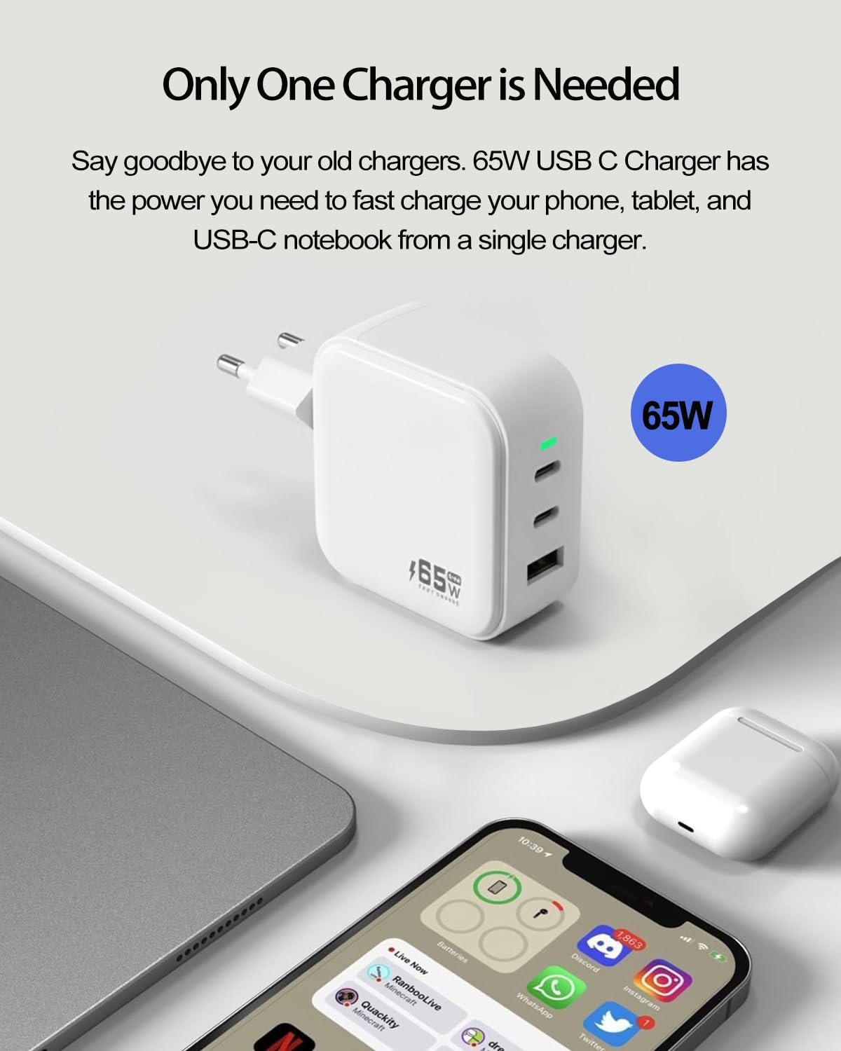 Chargeur USB C 65W Compatible avec DJI Neo, Mini 4K, Mini 4 Pro, Air 3 Fly, Mavic 3 Pro Cine, Mavic 3 Classic, RC 2, Avata 2, Gafas 2, Charging Hub, Osmo Pocket 3/2, Action 6/5 Pro/4/3, Goggles 2