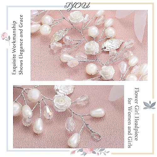 IYOU Flower Girl Headband Silver Floral Pearl Headpiece Crystal Bridal Hair Vines Princess Communion Wedding Hair Accessories for Kids - Image 2