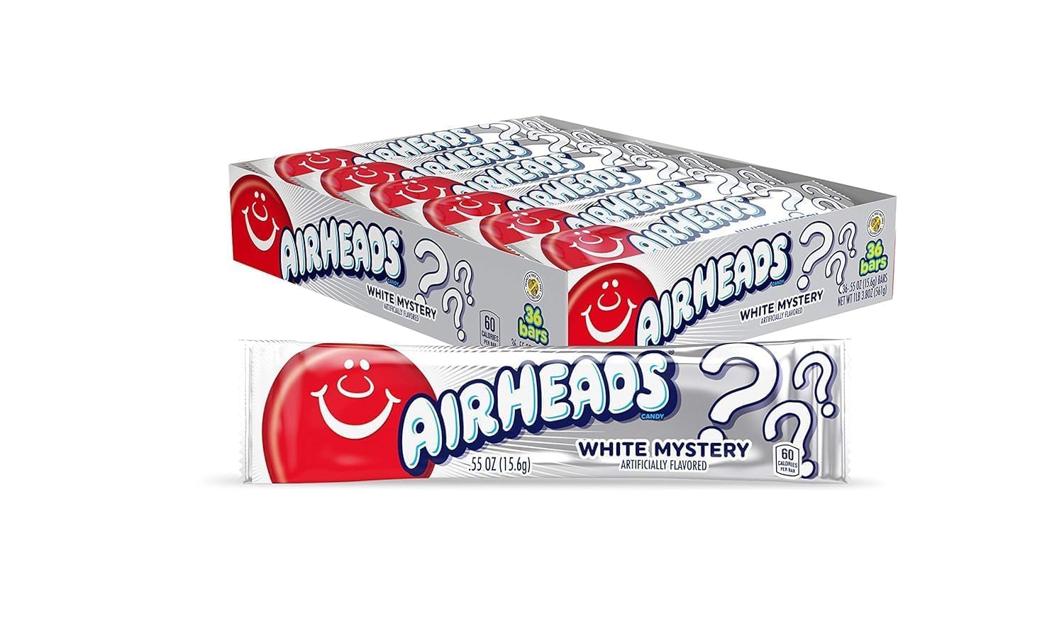 Airheads Full-Size Candy Bars, Taffy Candy Pack, Individually Wrapped Bulk Candy, White Mystery Flavor Artificially Flavored, 36 Count Box