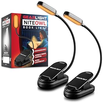 GearLight NiteOwl Rechargeable Book Light [2 Pack] - Dual Amber and White Modes, Reading Lights for Books in Bed at Night, Clip on Booklight Lamp for eReader, Headboard, Desk, School
