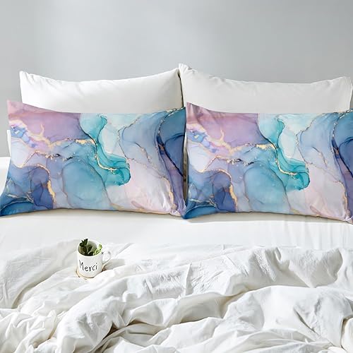 Miniatura 4 de Erosebridal Funda de edredón rosa azul dorada, juego de ropa de cama de mármol colorido para jóvenes, funda de edredón con textura de mármol con