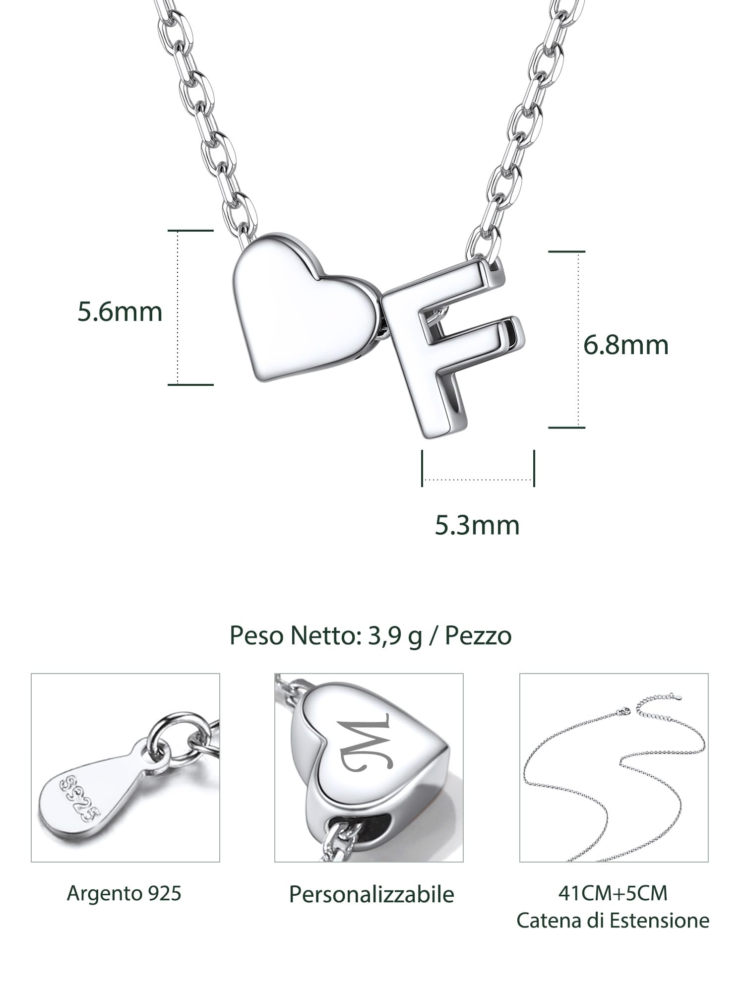 ChicSilver Collana Argento 925 Donna, Collana Donna Argento Oro Cuore con 26 Iniziale Lettera A-Z Lunga 41+5CM, Ciondolo Lettera Ragazza Amicizia Idee Regalo per Compleanno Anniversario Natale
