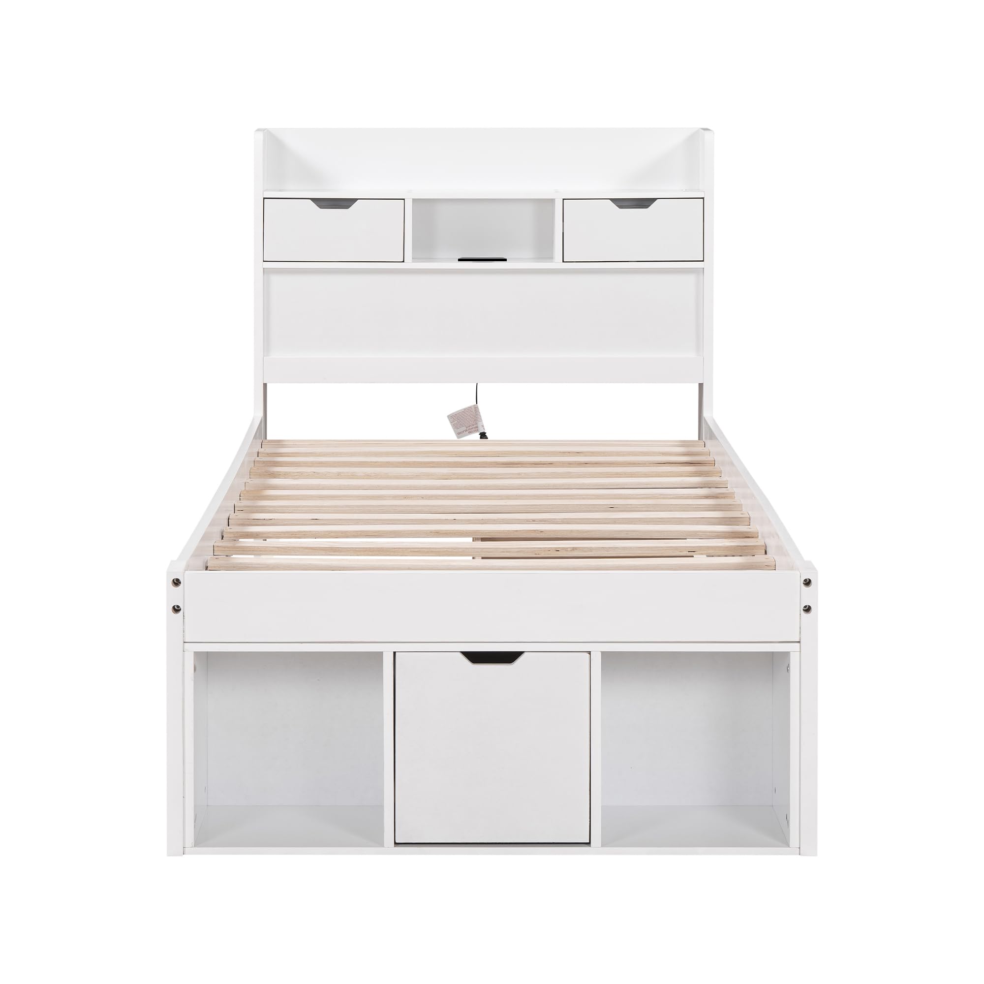 Holzbett Einzelbett 90x200cm mit Schubladen, USB & Stauraum Kopfteil, Massivholz Bettgestell mit Lattenrost, Stauraumbetten, Jugendbett, Kinderbett, ohne Matratze (weiß, 90x200)