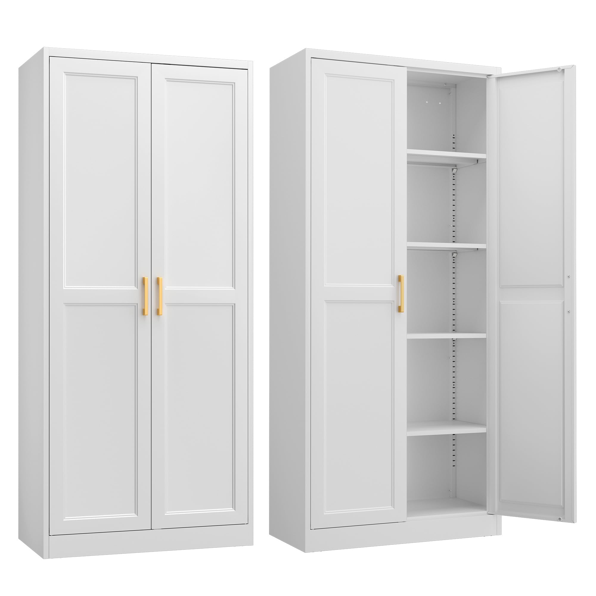 Kitchen Pantry Cabinet,71”White Metal Pantry Storage Cabinet with Doors and 4 Adjustable Shelves,Kitchen Cabinet with 2 Gold Handles,Tall Cabinet for Livingroom,Pantry, Bathroom,Kitchen