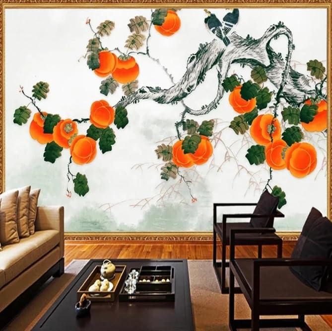Fresque murale 3D style chinois arbre orange pour grand salon - 3