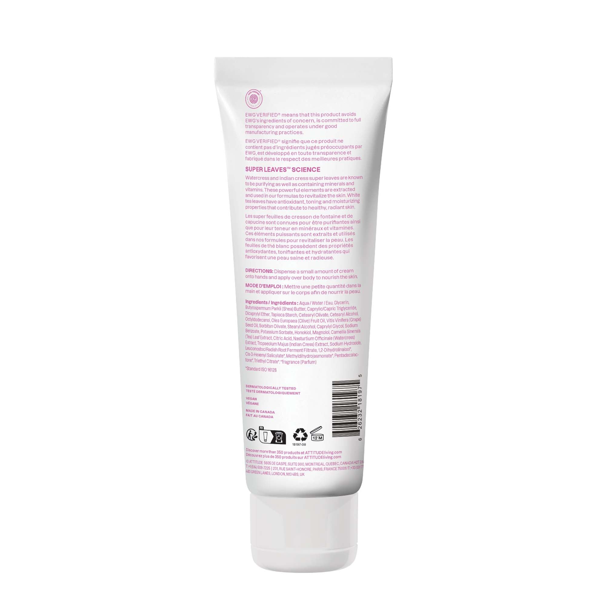 ATTITUDE Body Cream, EWG Verified Moisturizer, Vegan Moisturizing Products For Dry Skin, Dermatologically Tested, White Tea Leaves, 8 Fl Oz