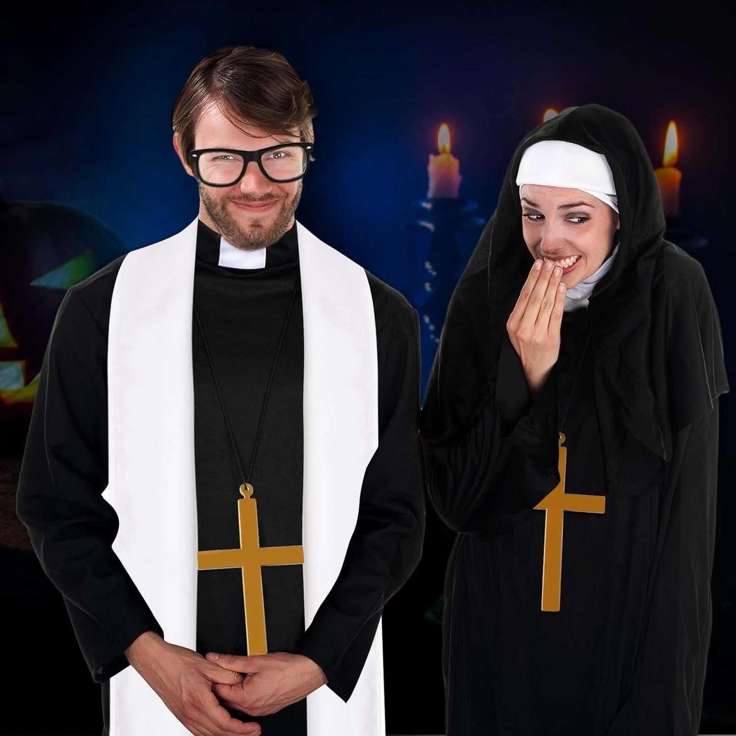 Priest and Nun Couple Costume for Adults Include Robes Stole Socks Glasses Necklaces for Halloween Dress Up - Image 5