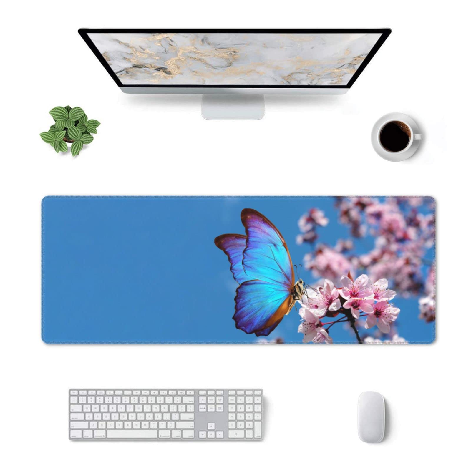 XXL Gaming Mauspad 80x39,9 Cm – Mit Blauen Schmetterlingen & Kirschblüten, Rutschfeste Unterseite