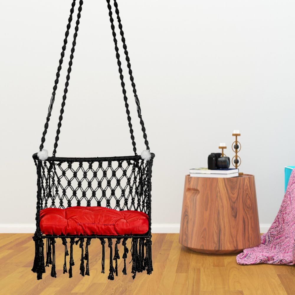 Swing/ Swing for Balcony/ Swing for Adults/ Swing Chair for Adults for Home/ Hammock Swing for Adults/ Swing for Living Room/ Swing for Outdoor Premium C Shape Swing Chair with Red Cushion (Black)