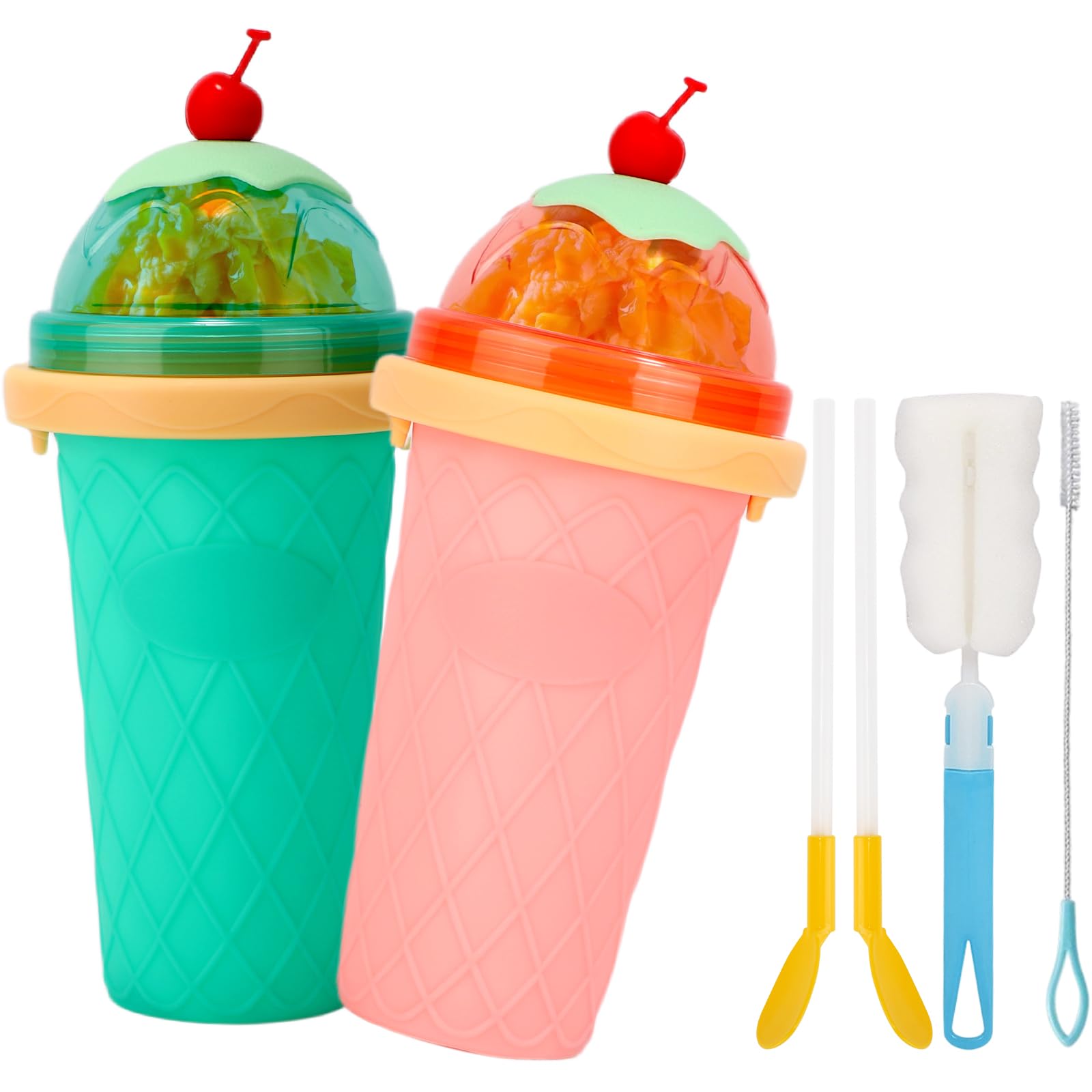 2-Teiliges Set Slush Becher, 2 In 1 Slush Maschine, Wiederverwendbar Slushie Maschine, Cups Verwendet FüR DIY Slushie Eis, Saft Silikon Squeeze Cup(GrüN+Rosa)
