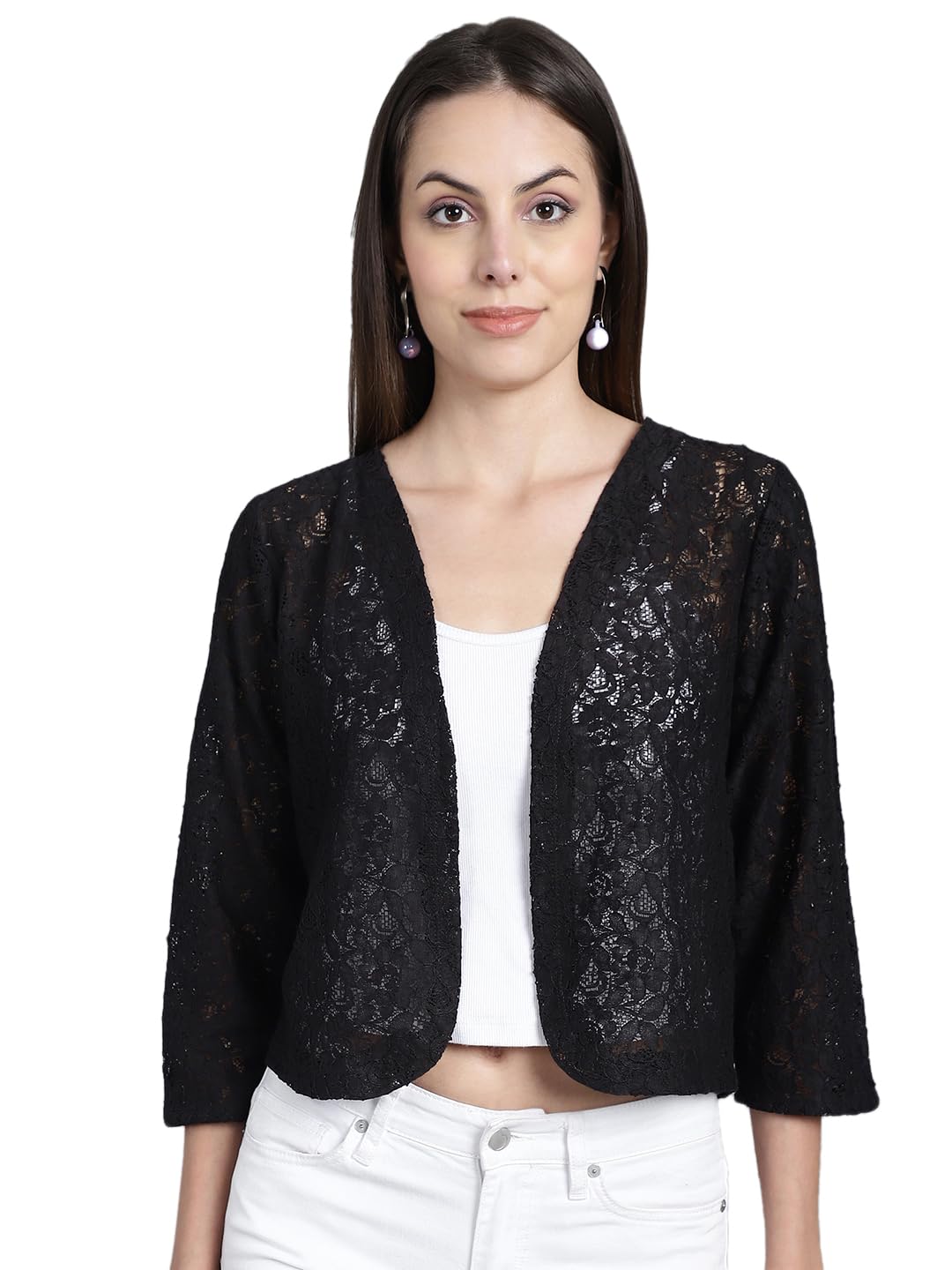 fineme Women Fashion Front Open Casual Wear Self Designed 3/4th Sleeves Lace Shrug (Black, XS)-picture-47