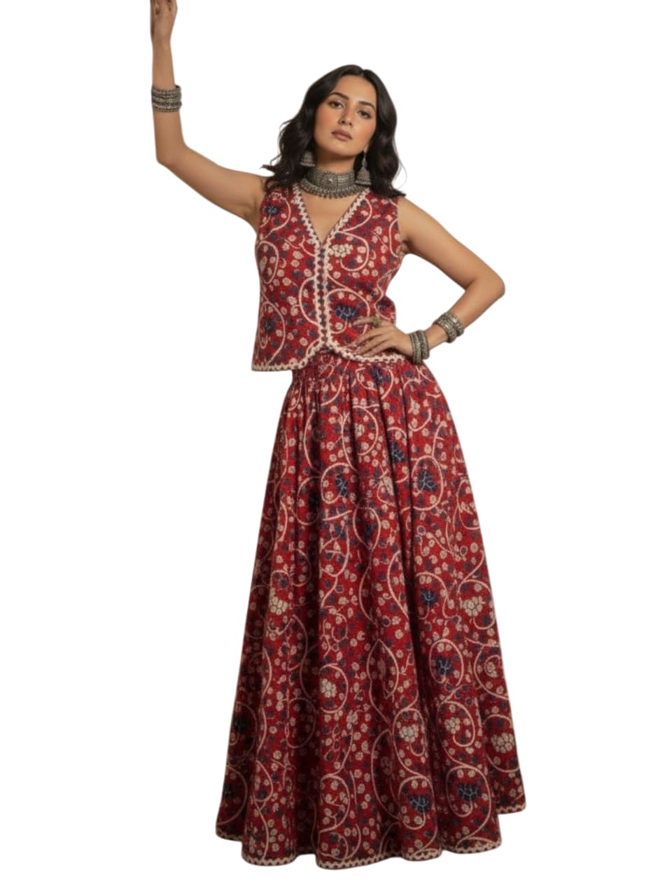 Women Maroon Cotton Printed Lace Detailing Waistcoat with Skirt Co-ord Set-image-11