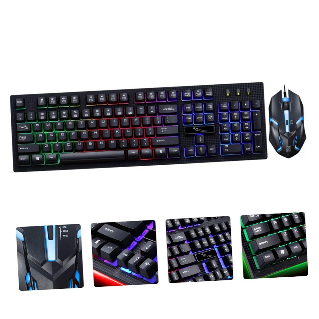 Ensemble Clavier et Souris Gaming USB Filaire, 104 Touches, Touches Lumineuses, Plastique, Jeu Bureau Café