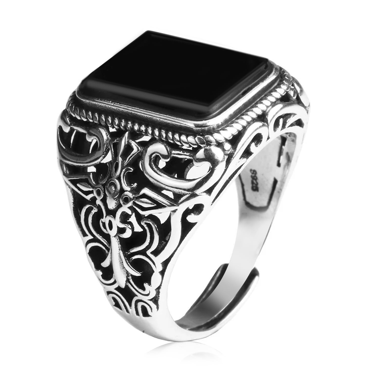 Silver Plated Black Stone Studded Adjustable Finger Ring Stylish Fashion Jewellery Gift for Men Boys