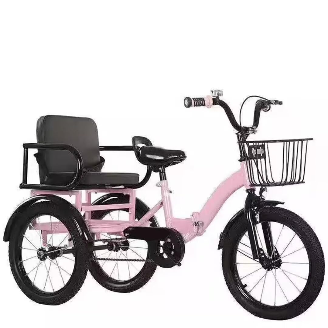 Folding Toddler Tricycle for 3-10 Years Old,Tandem Tricycle with Rear seat,Pedal 3 Wheels Cruiser Trike,Sensitive Front Wheel Brake,Saddle/Handlebar Height Adjustable (Pink 14inch)