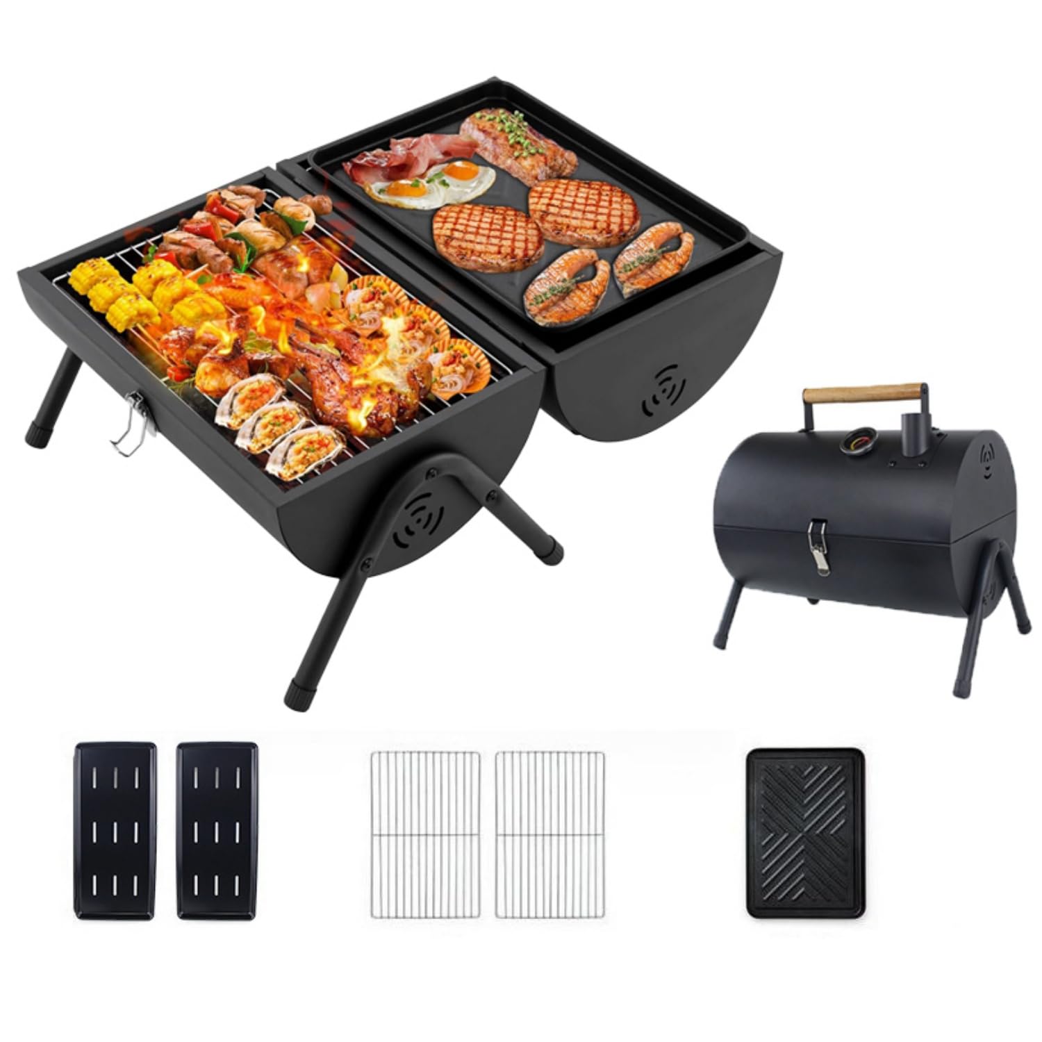 Barbecue a doppia faccia in acciaio inox con funzione griglia bifacciale, leggero, compatto, pieghevole, portatile, ideale per campeggio, festival