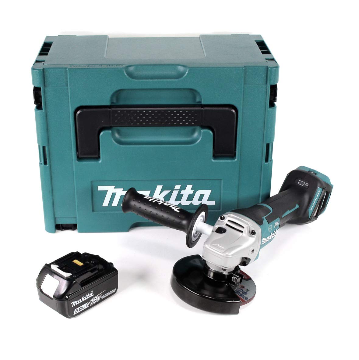 Makita DGA 517 T1J akumulatorowa szlifierka kątowa 18V 125 mm + 1x akumulator 5,0Ah + zestaw transportowy Makpac 3 - bez ładowarki