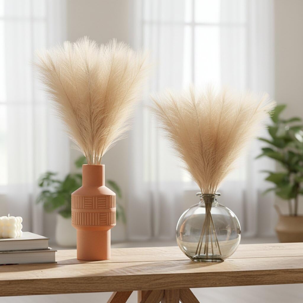 Artificial Dried Pampas Grass Bouquet 17.7 Inch, Premium Fluffy Faux Reed Stems, Beige Boho Decorative Flowers for Living Room Bedroom Wedding Vase Decor (3 Pcs - Cream)-image-34