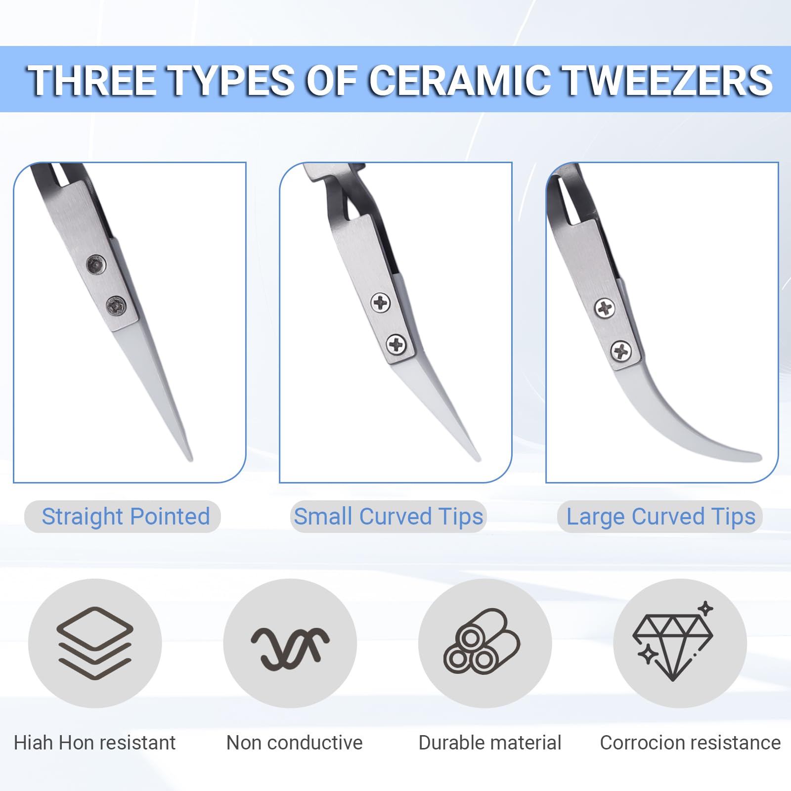Set di 6 pinzette di precisione inversa in ceramica, non conduttive, pinzette antimagnetiche con punte curve, resistenti al calore, per saldare/pizzicare bobine (argento)