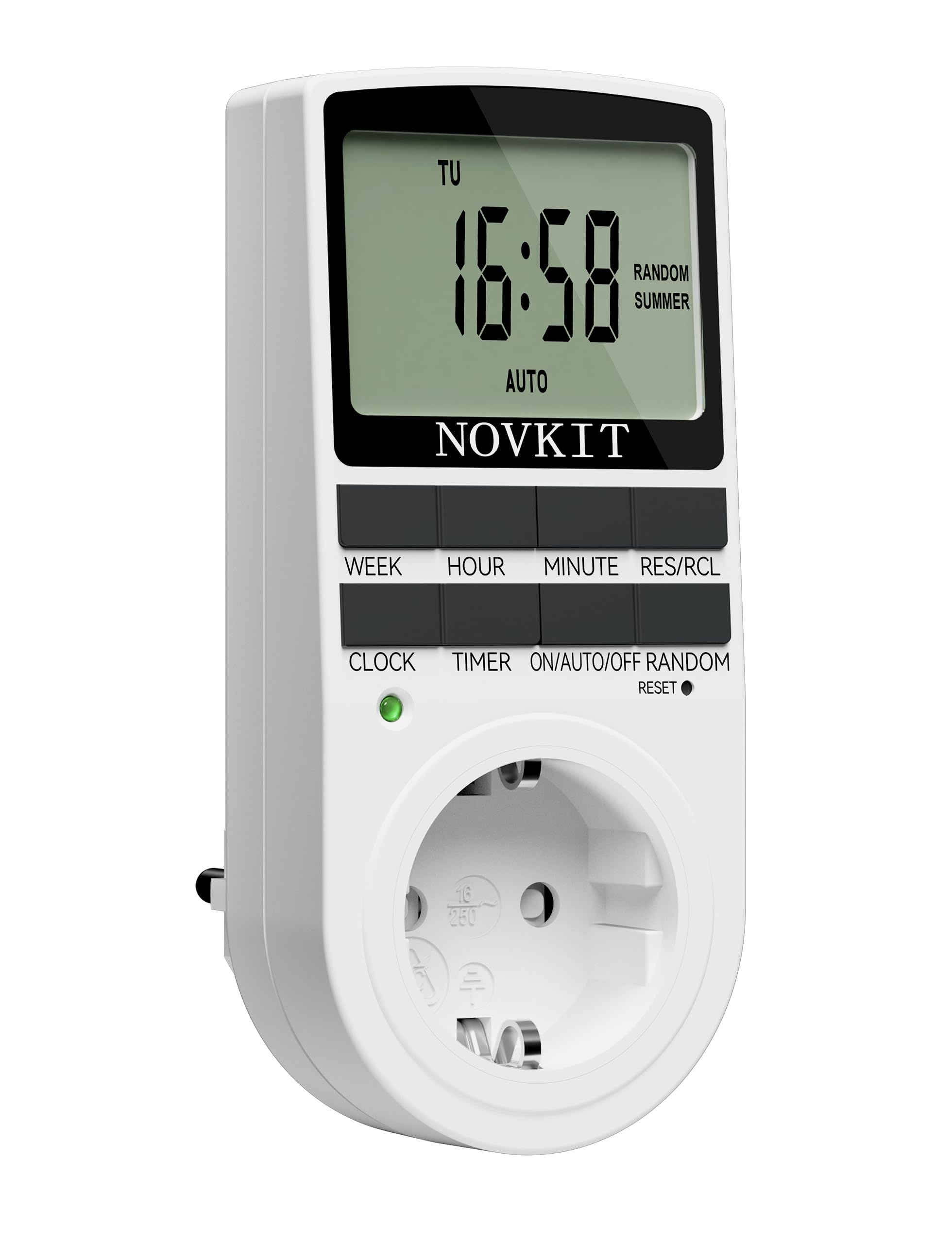 NOVKIT digitale Zeitschaltuhr Steckdose mit 10 konfigurierbaren wöchentlichen Programme und einbruchsicheren Zufallsfunktion für Innen (230V / 16A / 3680W)