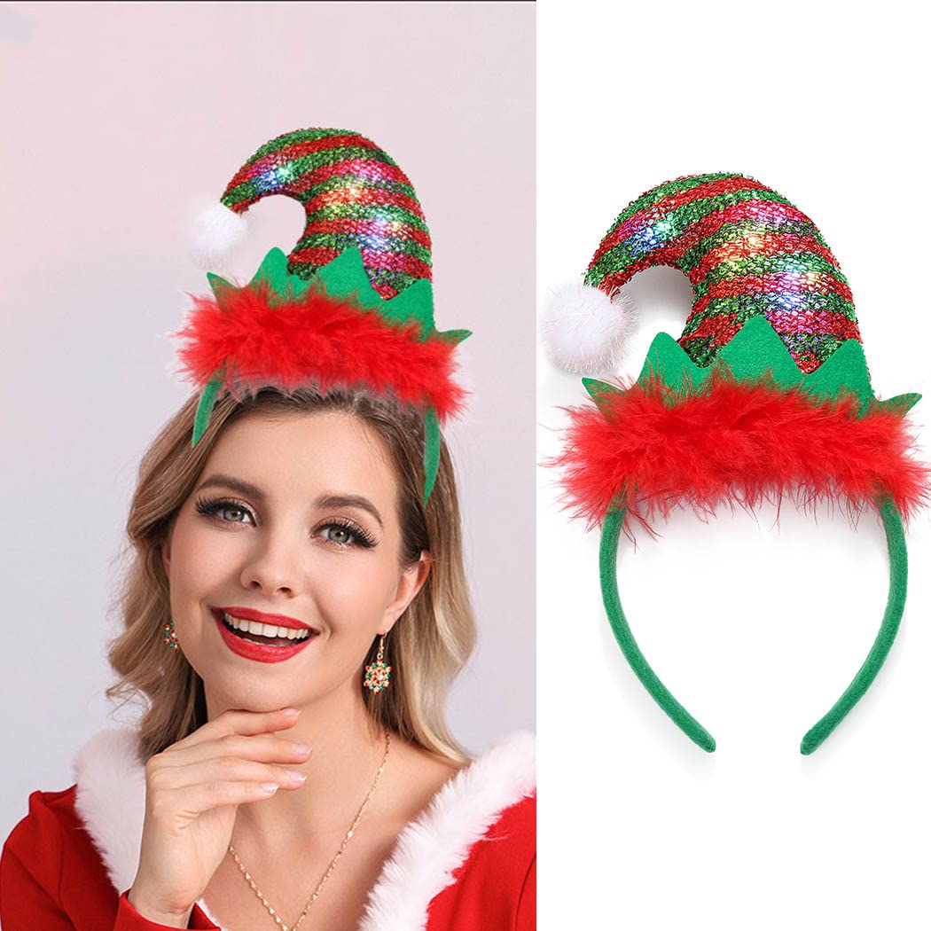 Werhonton Christmas Headband Xmas Light Up Elf Hair Hoop Festival Costume LED Headband Christmas Party Luminous Hair Accessories for Women and Girls