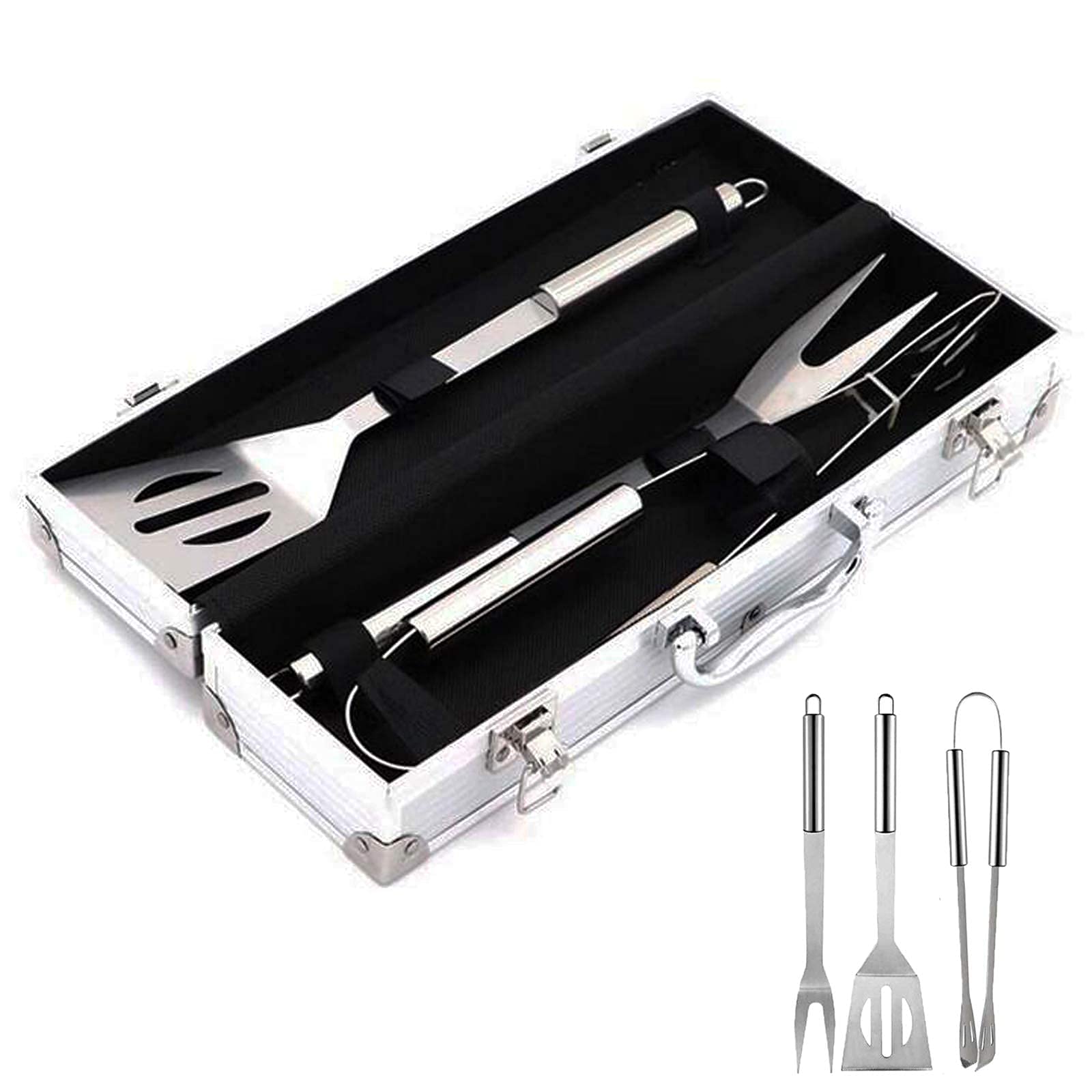 3Pcs Barbecue Grill Utensili Da Cucina Set Di Attrezzi Accessori Per Barbecue In Acciaio Inossidabile - Kit Di Attrezzi Pinze, Spatola Forchetta Per Carne Con Custodia Portatile Per Cucinare, Barbecu