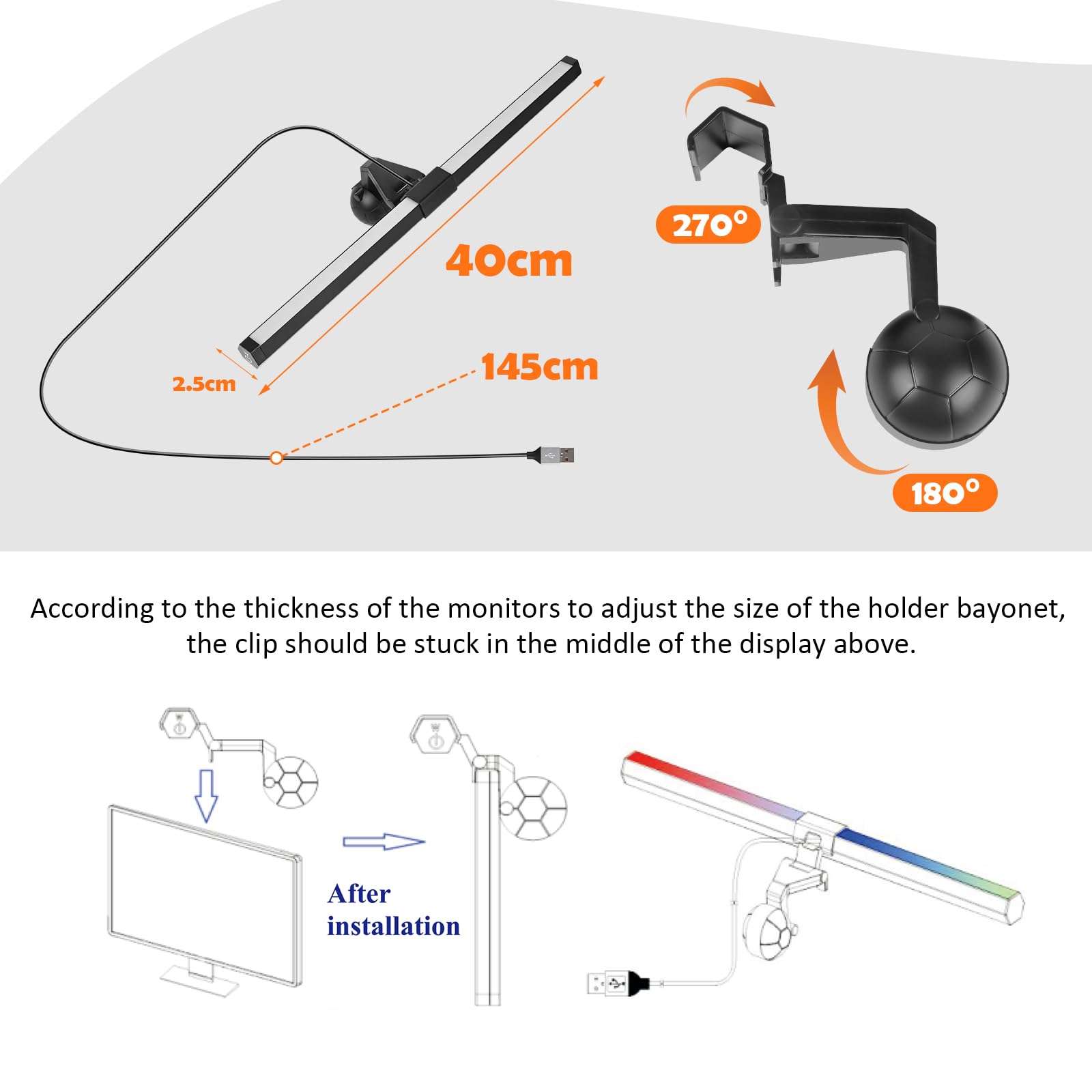 LED Lampe de Bureau 40CM PC USB RGB Light Bar, Lumière de Couleurs Températures Soins Oculaires 3 Modes pour Gaming Office
