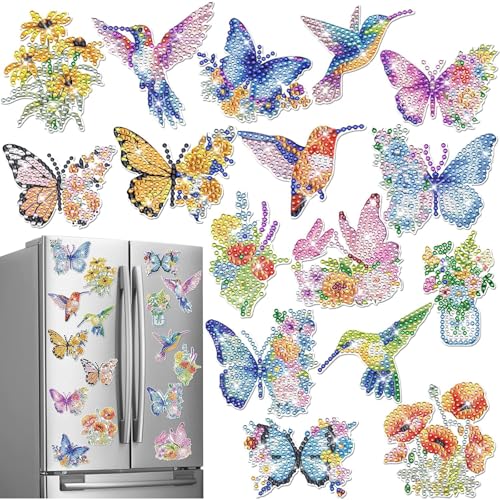 16 PCS Small Diamond Art Magnets DIY Butterfly Hummingbird Flower Colorful Diamond Painting Magnets for Kids Adults Beginners Fridge DIY Crafts Home Decors