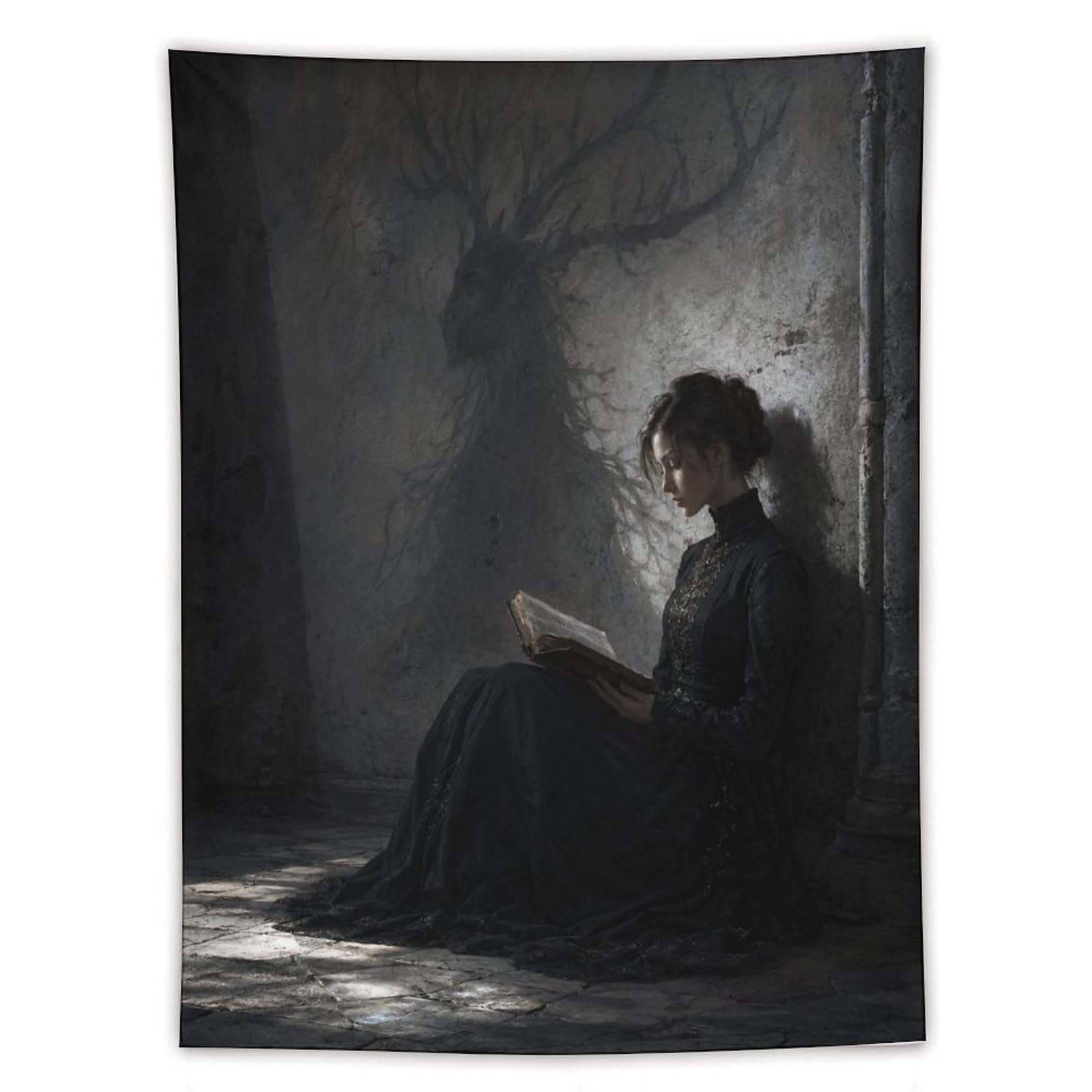 H3B8U2Y5 Moonlit Woman Reading Wall Tapestry, Fantasy Illustration Style
