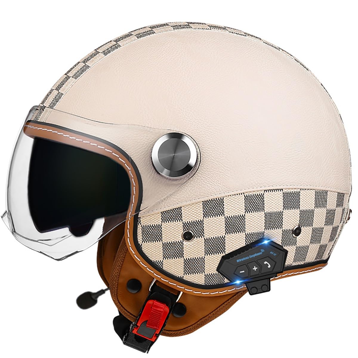 EBAYIN Casco Moto Vintage Retro Abierto, Casco Moto Jet Casco Vintage con Bluetooth Ciclomotor, Casco Scooter Doble Visera, Homologado ECE For Hombre Y Mujer(D,M=(57~58cm))