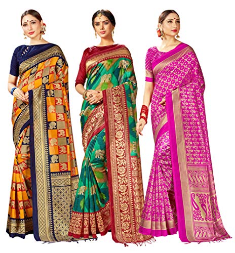 Pack of Three Sarees for Women Mysore Art Silk Printed Indian Wedding Sari, Ethnic Gift Sari Combo