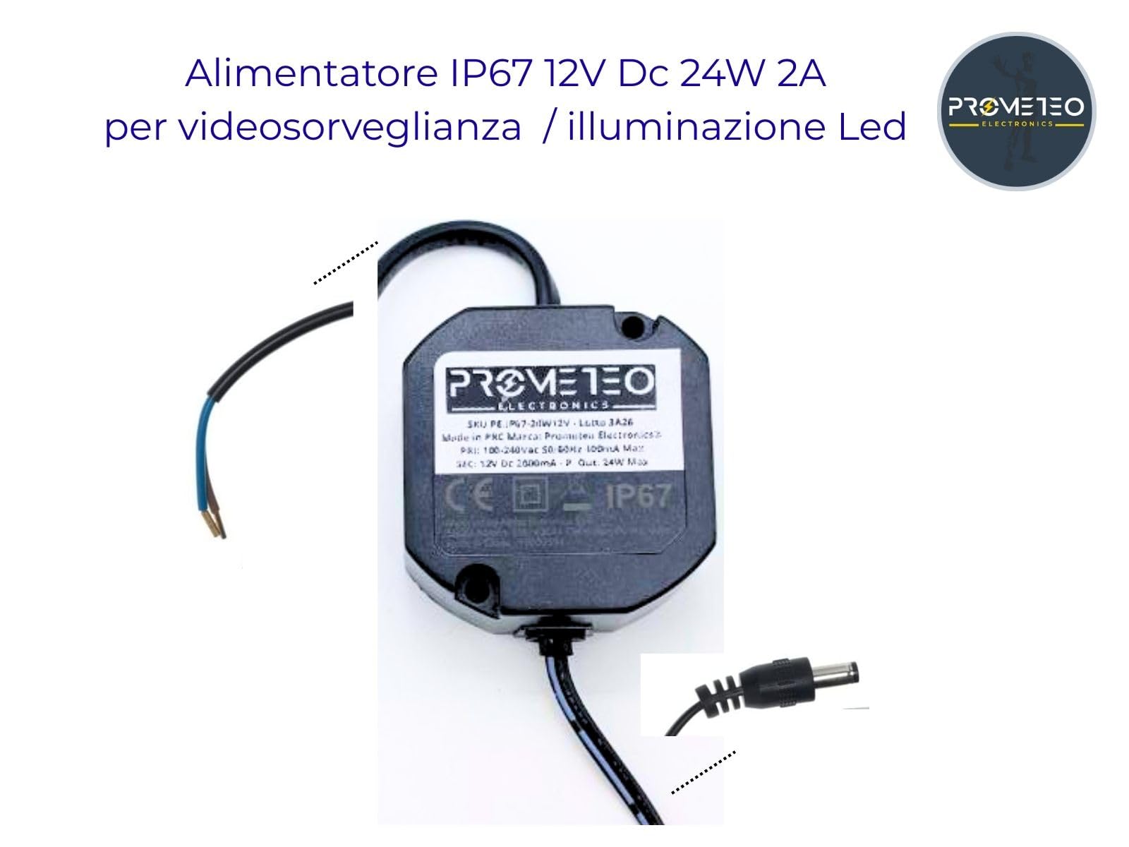 Alimentatore IP67 12V Dc 24W 2A da incasso su 503 compatibile per videosorveglianza/illuminazione Led - 47.5 x 50 x 25mm