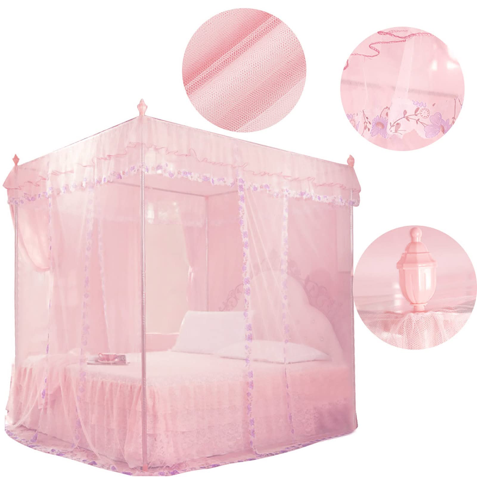 Alvinlite 4 Corner Post Net, Princess Bed Canopy, Breathable Bed Curtain Full Queen Size Bedroom Decoration #20 (150 * 200 * 200-Pink)