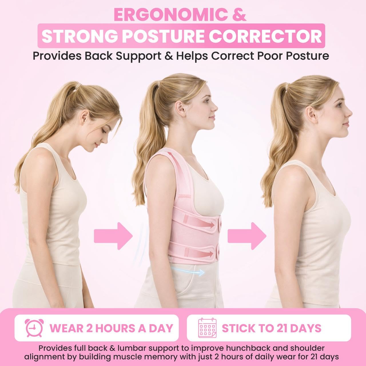 Posture Corrector for Women with Resistance Band | Lightweight Adjustable Back Brace for Uper and Lower Back |Hunchback,Spine Corrector| shoulder and Neck ,Slouch Support Pink, Large ,Waist :34"-42") - Image 3