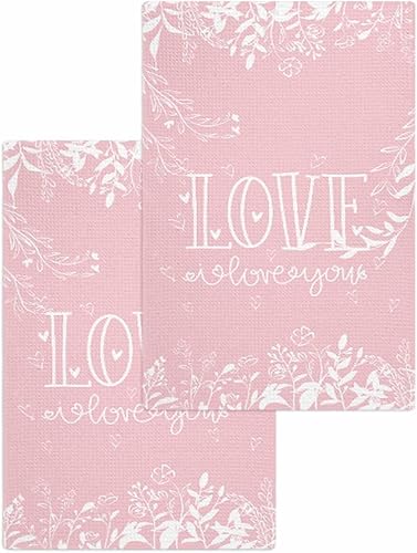 Juego de 2 toallas de cocina de algodón con tejido de gofre, hojas de plantas de amor, color rosa, día de San Valentín, 16 x 24 pulgadas, disponible en Yaxa Venezuela
