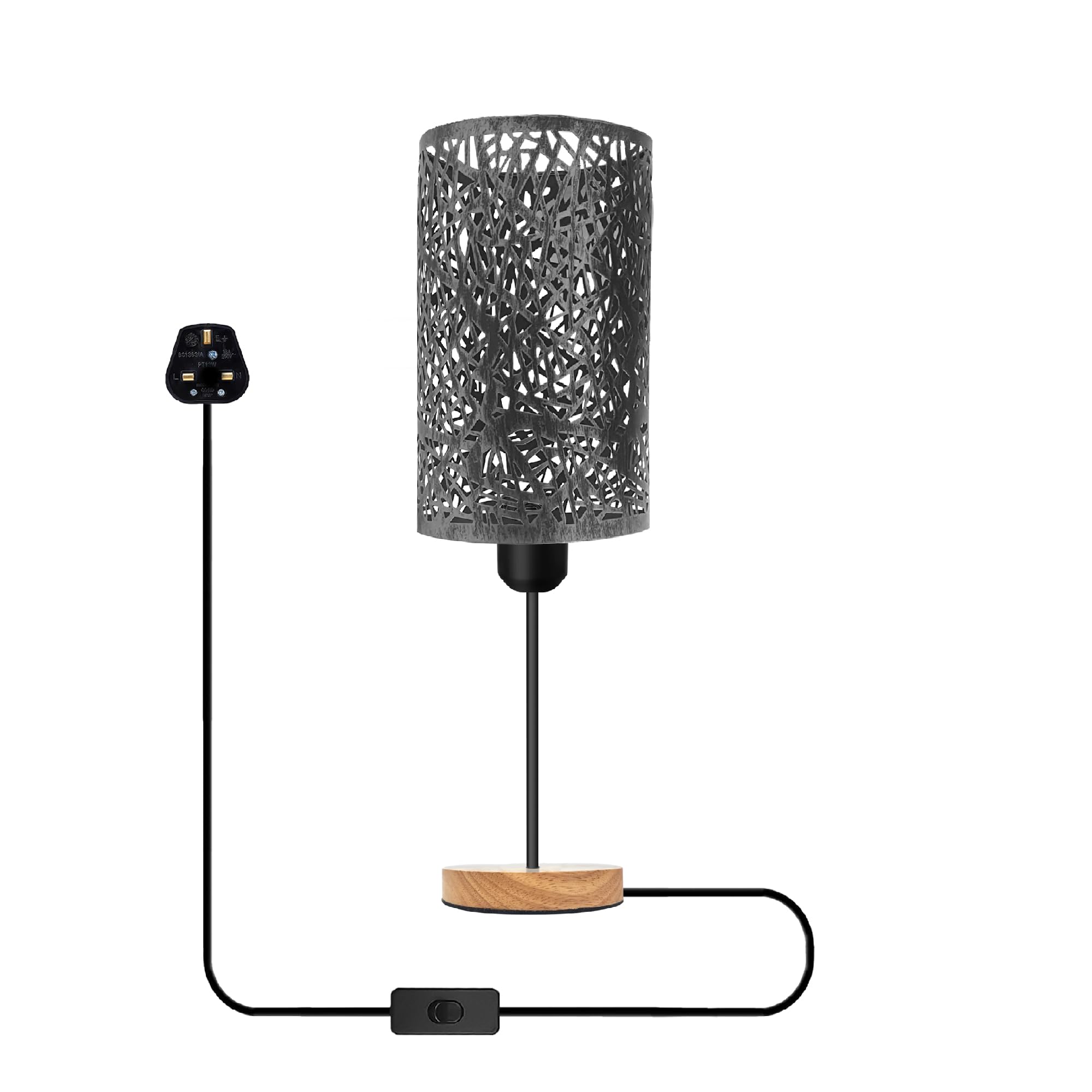 DC VOLTAGE Wooden Stand Bedside Table Lamp Night Wood Desk Metal Barrel Cage 3 Pin Plugin On/Off Switch Control Lamp