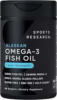 Sports Research® Omega-3 Fish Oil 1250mg - Sourced from Wild Caught Alaska Pollock - MSC Certified Sustainable · Non-GMO · Gluten Free - 180 Softgels