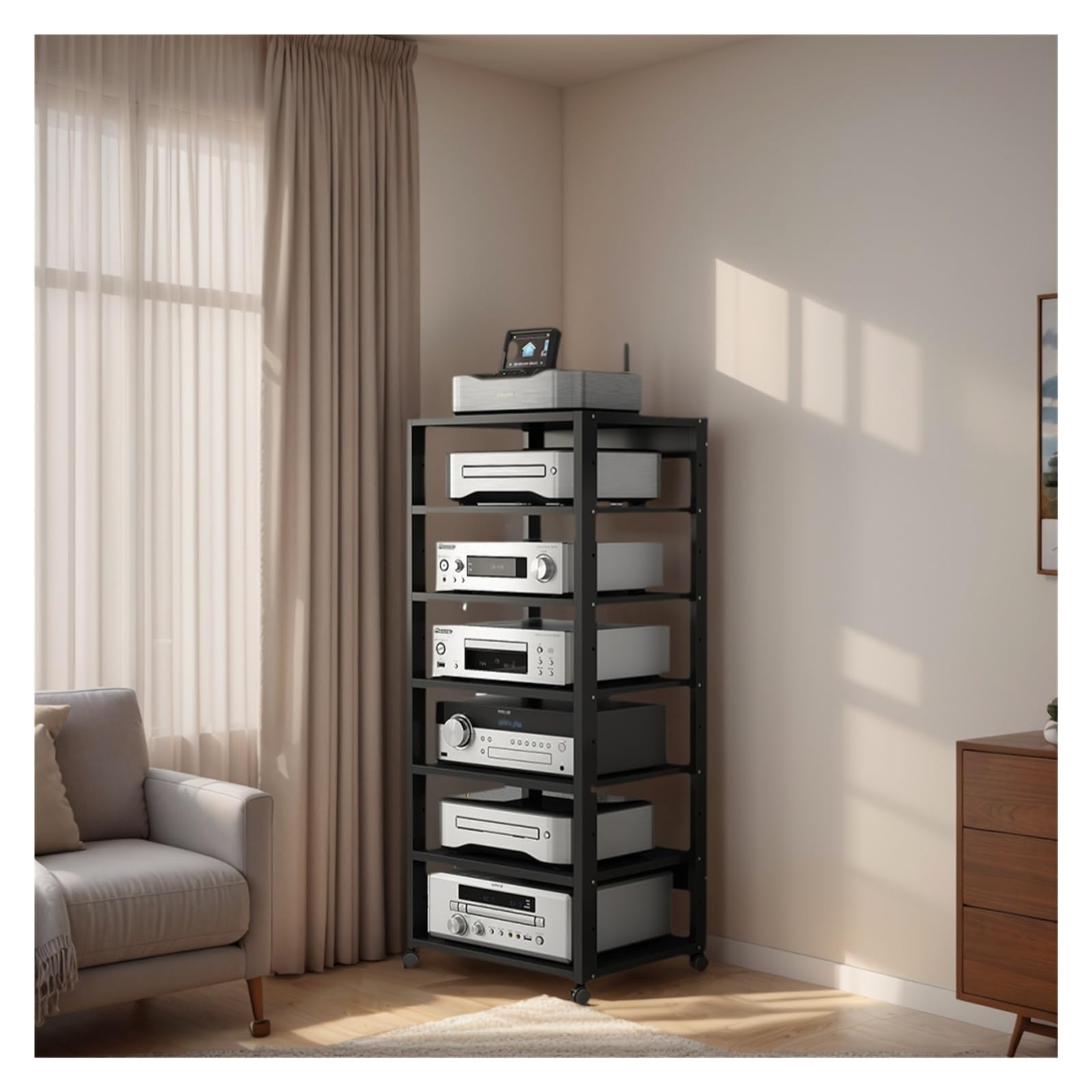 Modernes 7-stöckiges HiFi-Regal AV-Regal – Audio-Video-Aufbewahrungsschrank, mobiler Eck-TV-Ständer, HiFi-Ausrüstung für Zuhause, Büro, Geschäft – schlankes schwarzes Design