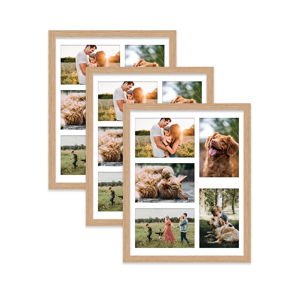Oak Multi Photo Frame - Holds 5 x 6x4 Pictures, Family Collage Picture Frame for Wall Display, 14x11 Frame size, Set of 3