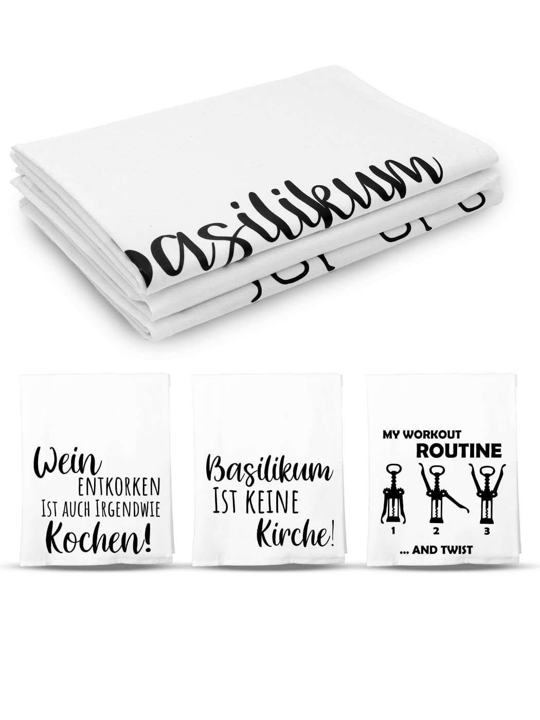 COZYINT Juego de 3 paños de cocina de algodón en blanco o negro | paños de cocina con texto en alemán BZW - Divertidos como regalo (blanco)