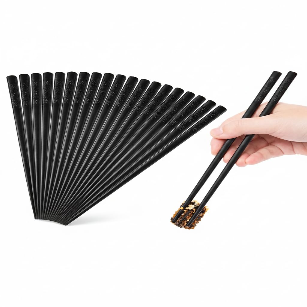10 Pairs Reusable Fiberglass Chopsticks, Non-Slip Chopsticks, Beginners Chopsticks, Dishwasher Safe for Chinese Style Japanese Food Cooking Chopsticks,(9.5 inch Black)