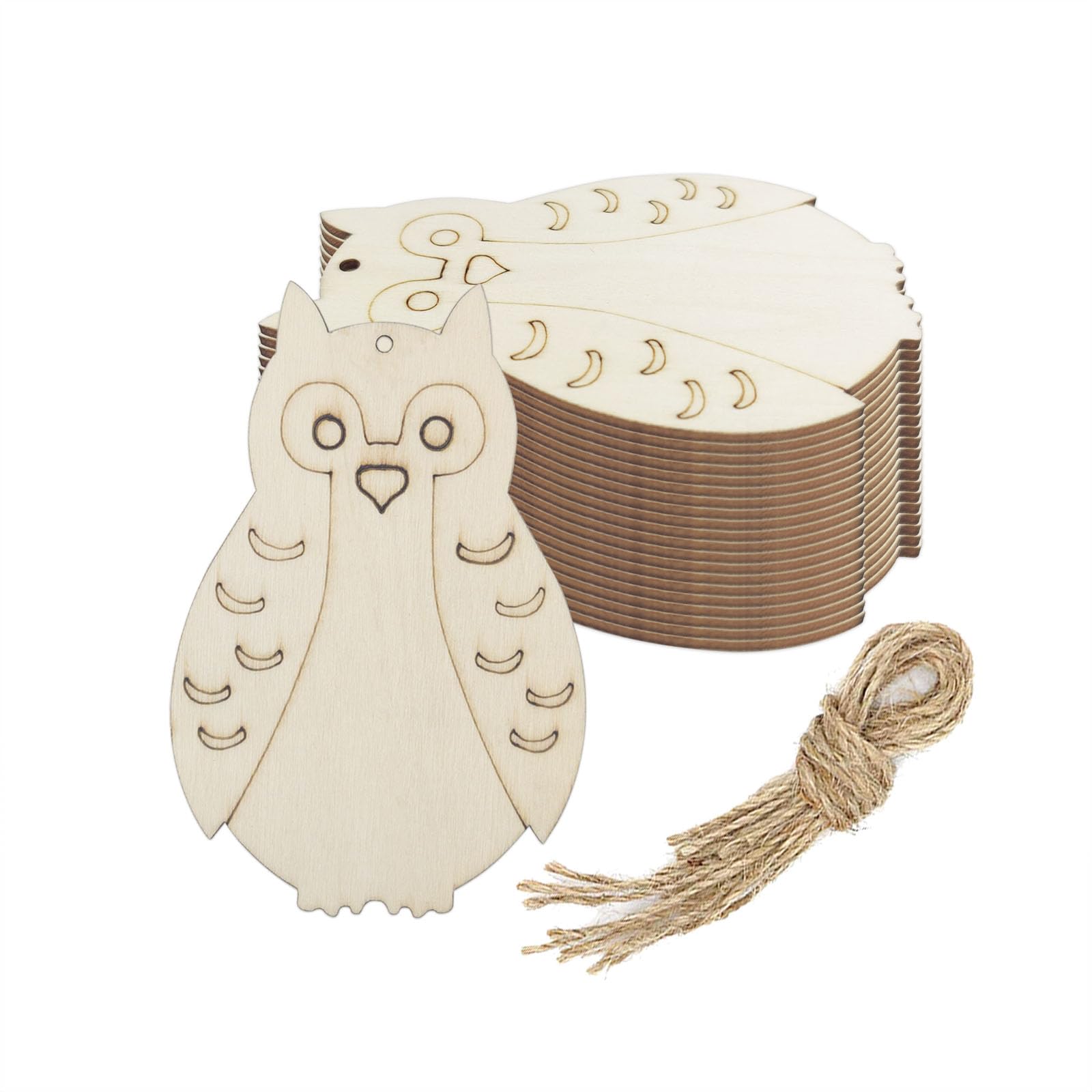 20pcs Owl Wood DIY Crafts Cutouts Wooden Owl Shaped Hanging Ornaments with Hole Hemp Ropes Gift Tags for Wedding Birthday Christmas Party Decorations